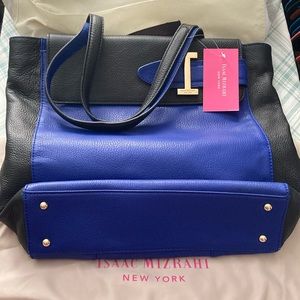 Isaac Mizrahi Cobalt Blue & Black Leather Tote NWT